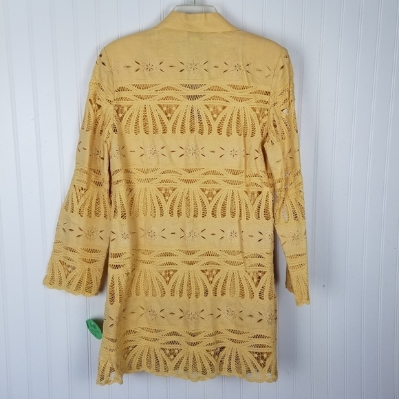 JSong Linen Eyelet Blazer Jacket Lace Button Long Yellow Size 10 Artsy Coastal - Picture 2 of 6